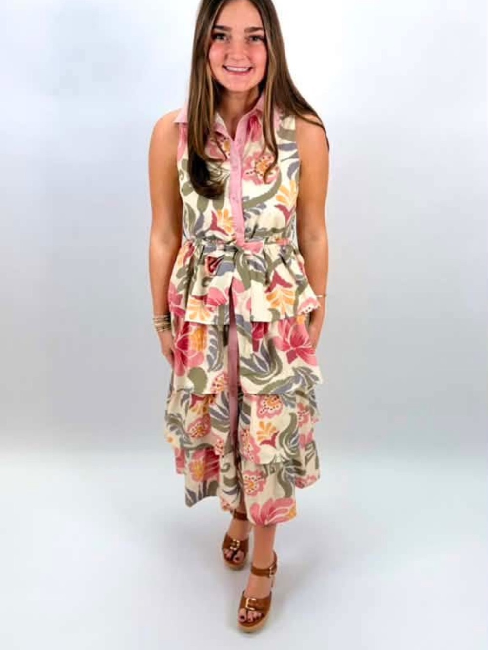 TCEC Cream Pink Floral Tiered Maxi Dress with Tie